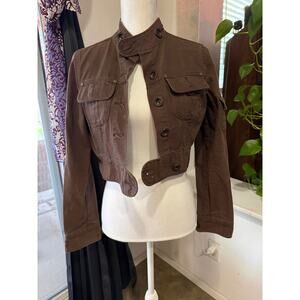 Y2k Brown Military Cropped Bolero Jacket – Button Front – Long Sleeve – Size M